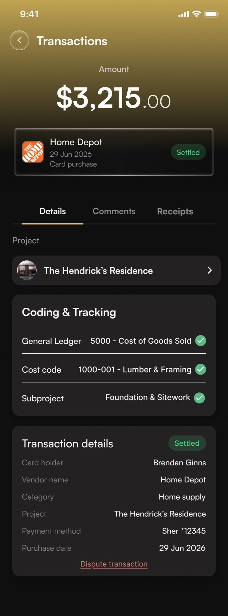Asset Card app: a Home Depot card purchase coded to The Hendrick's Residence with its receipt